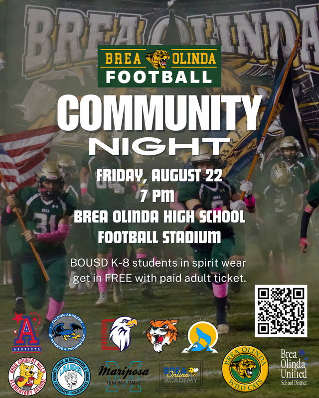 background image of the BOHS football team running through a banner. Text on the image provides details of the Community Night Football game and QR code to purchase tickets.