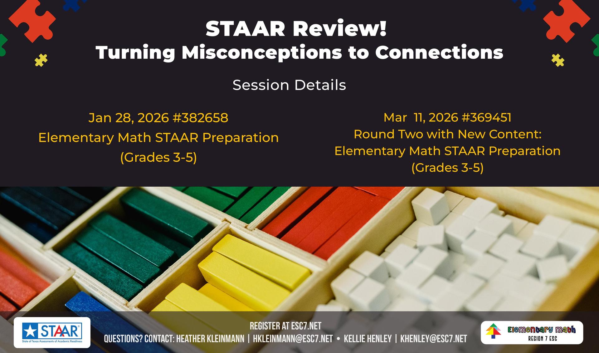 Graphic for STAAR Review: Turning Misconceptions to Connections, featuring math blocks and workshop details.