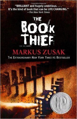Cover of 'The Book Thief' featuring dominoes and author Markus Zusak's name.