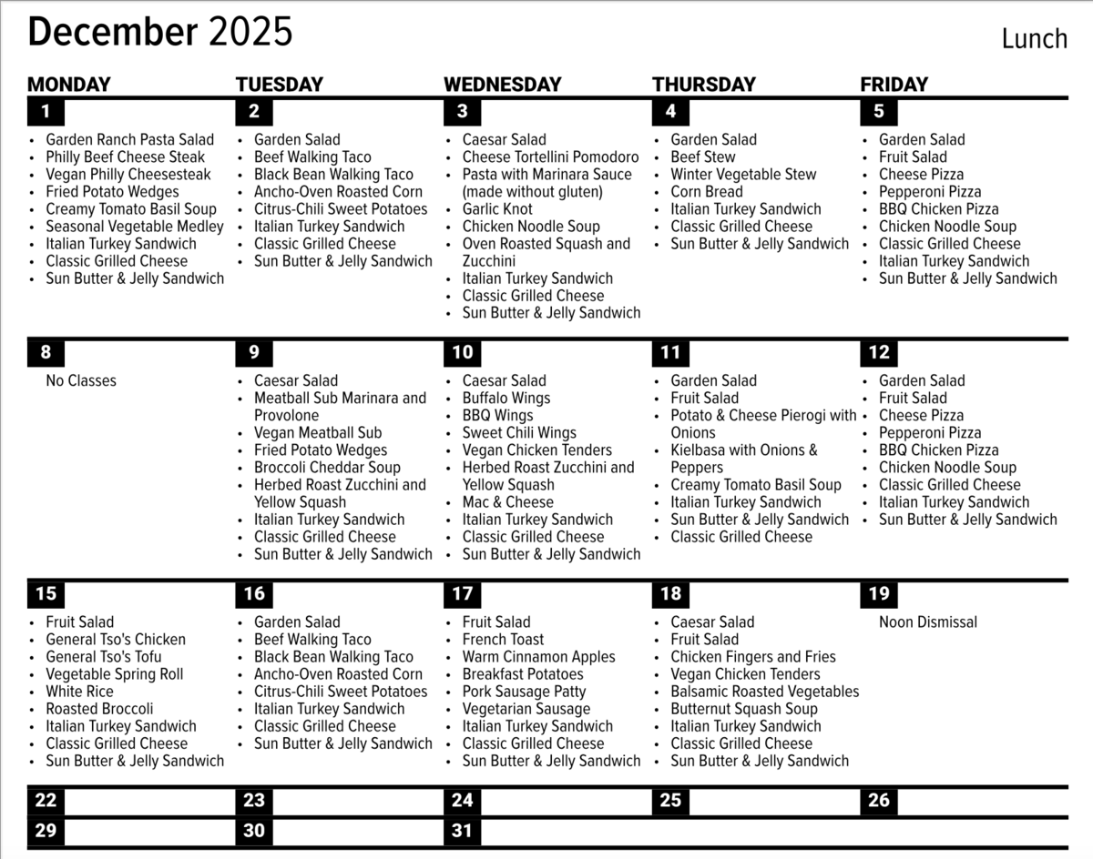 November 2025 menu