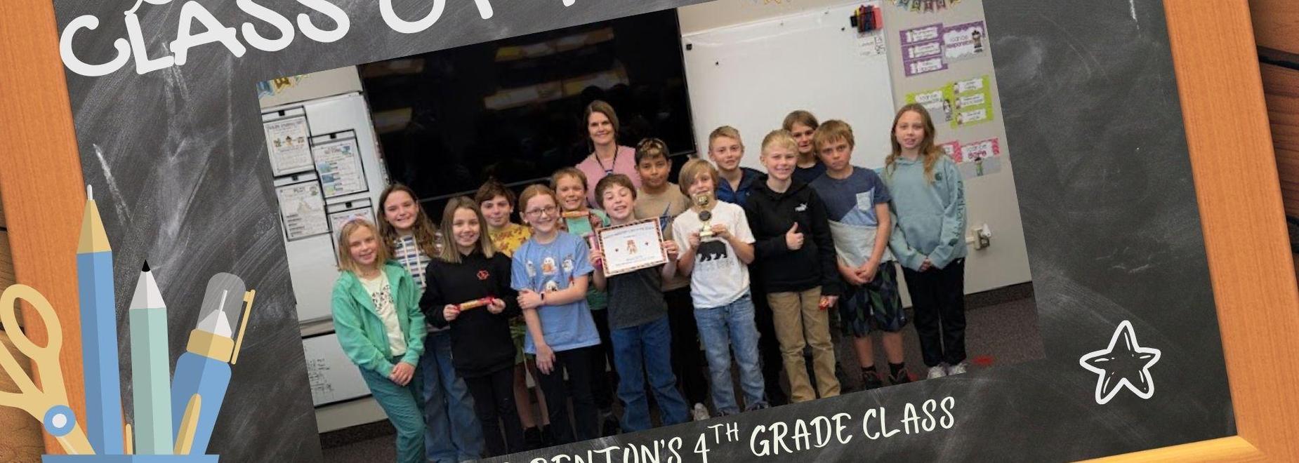 Class of students and teacher celebrating class achievements.