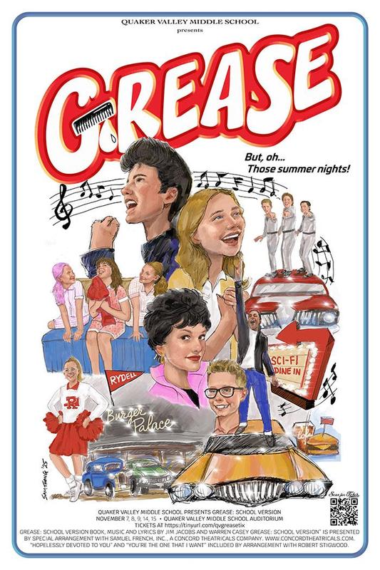 Grease musical poster depicting characters from throughout the show.