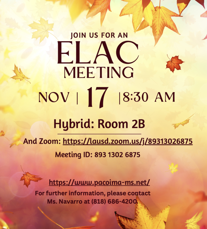 ELAC Meeting on Monday, November 17th at 8:30 AM! Featured Photo