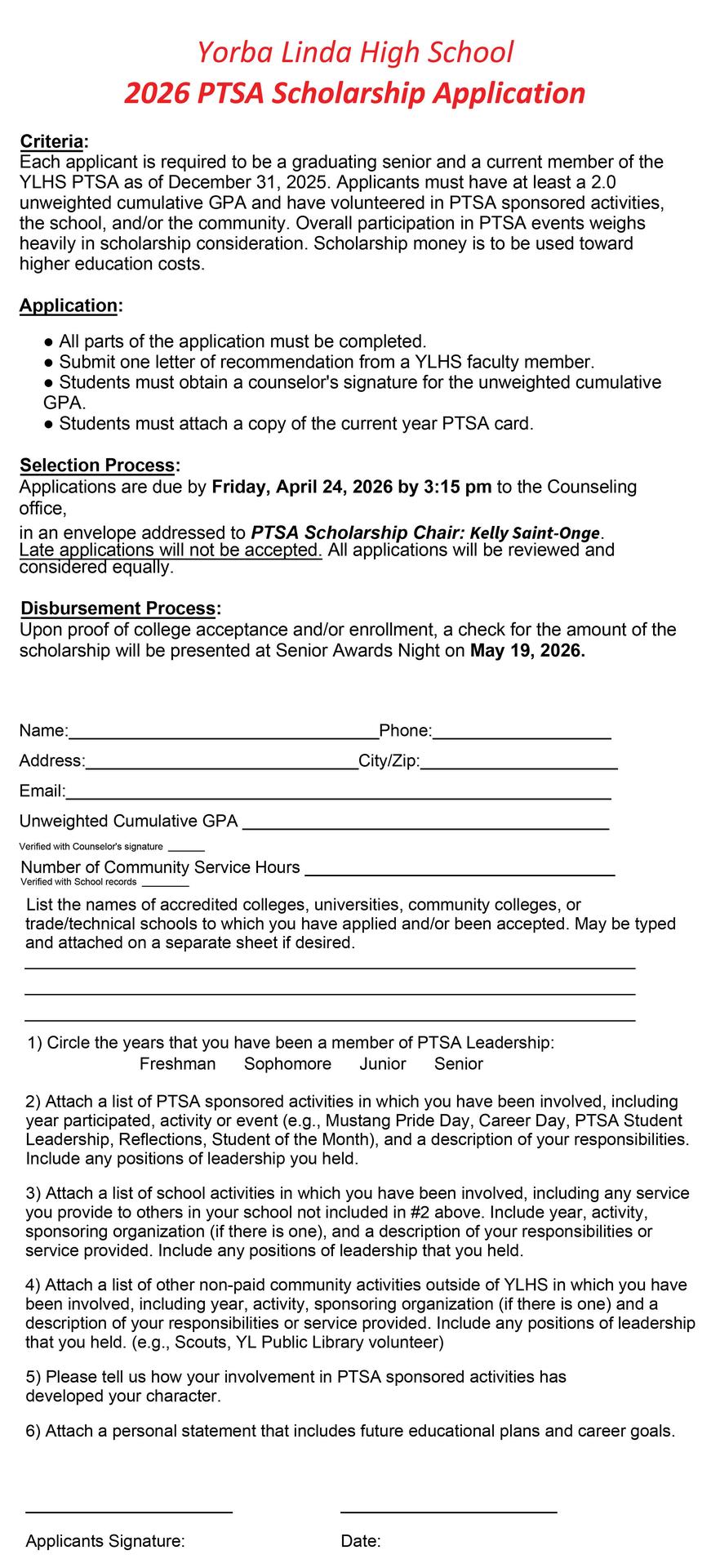 PTSA Student Scholarship Application