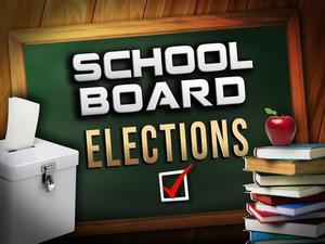 School board elections graphic featuring a ballot box, books, and an apple.