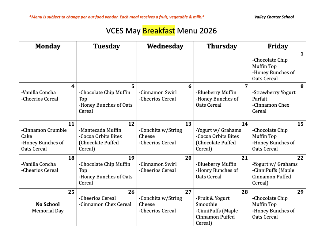 valley charter elementary school monthly breakfast menu