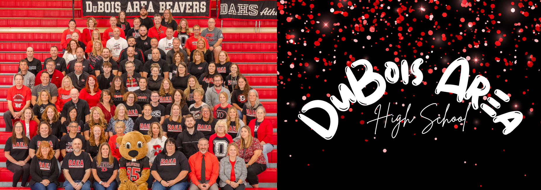 Group photo of DuBois Area High School staff on the bleachers with the mascot.