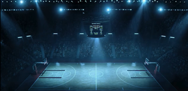 Basketball arena scoreboard showing Home 75, Guest 92 in the final quarter.