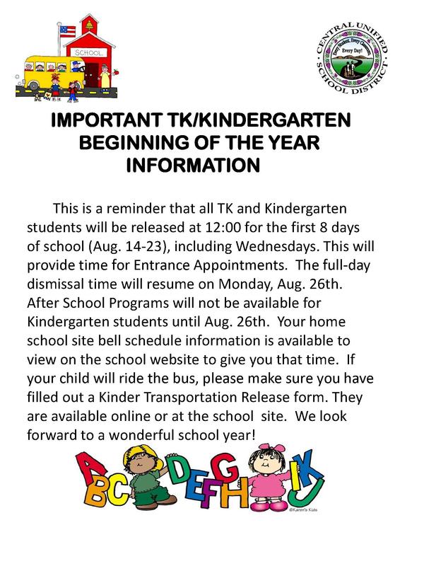TK Kindergarten Release Info