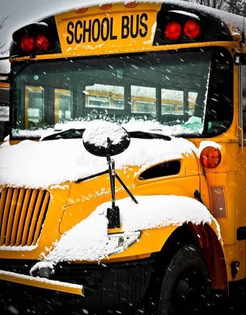 A yellow school bus covered in snow during a winter scene.