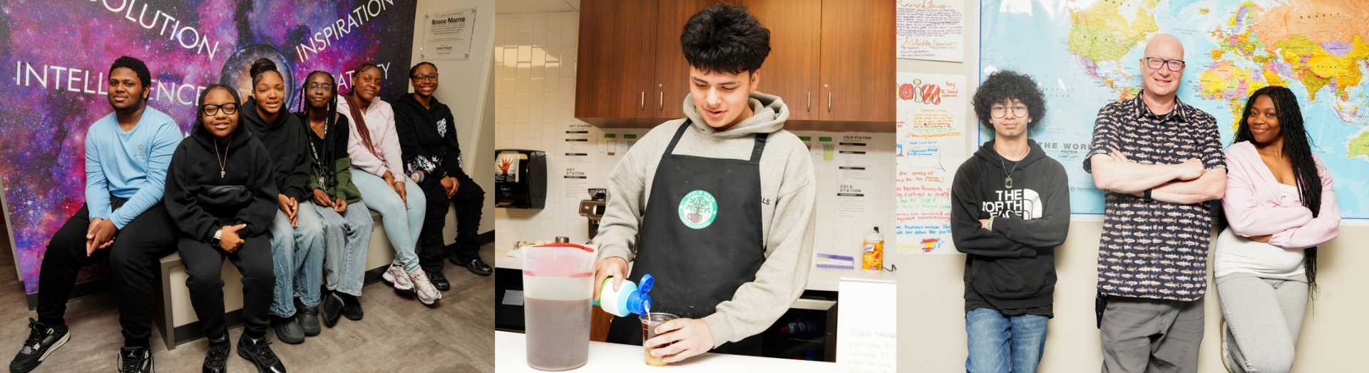 Students smiling together, a student making coffee, and two students smiling with their teacher.