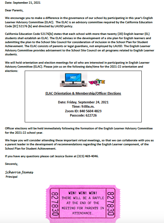 English Learner Advisory Committee (ELAC) Meeting/Junta de Comité Asesor para los Aprendices de Inglés (ELAC) Featured Photo