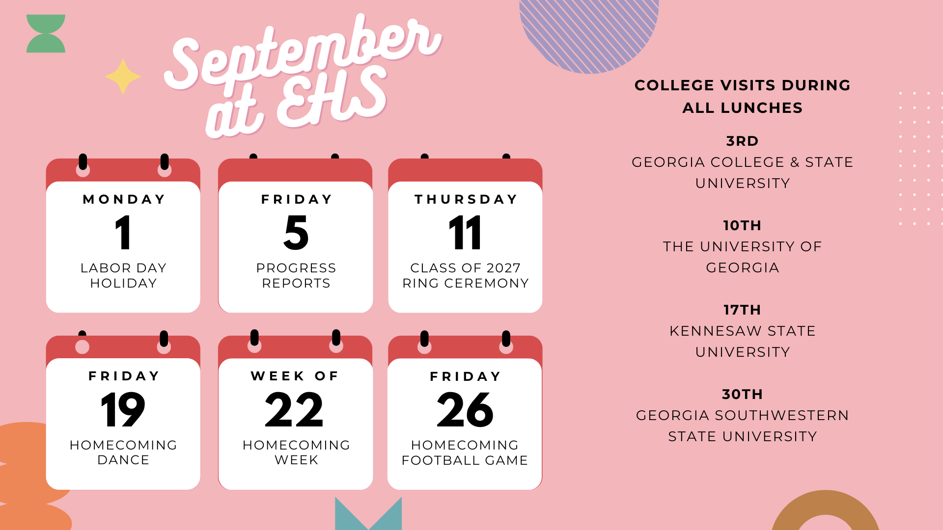Colorful calendar for September events at EHS with dates and activities listed.
