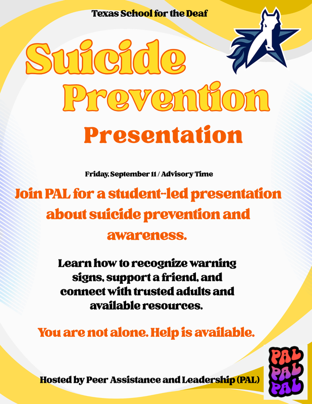 A yellow and orange flyer with information on suicide prevention presentation