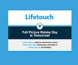 Lifetouch will be at Jefferson Wed., 115 for pictures. 1) New photo If your child was absent on picture day, they may have their picture taken tomorrow. You can prepay today using the code below, .png