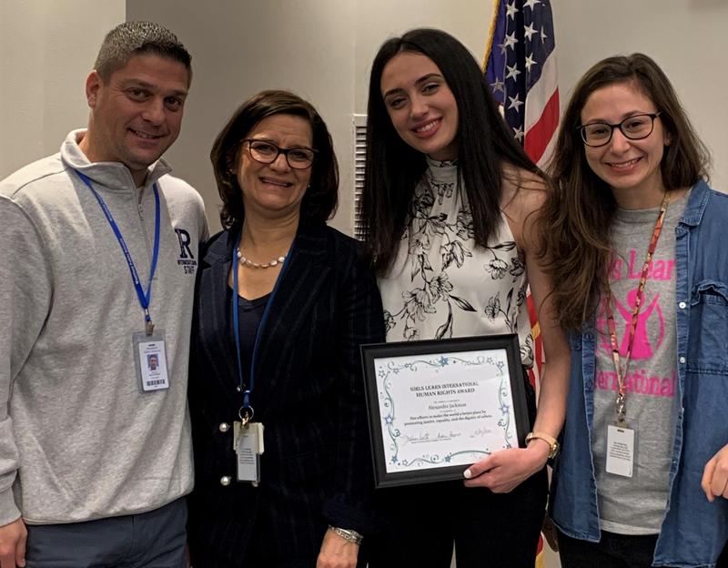Alexandra Jackman (3rd from left) is welcomed to Roosevelt Intermediate School by (L-R) principal Brian Gechtman and teachers Karen Lust and Andrea Poppiti.