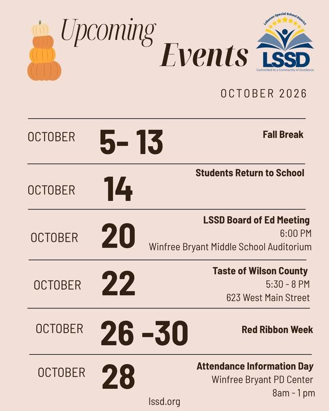 list of dates of events in black font with a stack of pumpkins at the top
