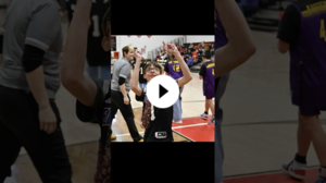 A YouTube thumbnail showing a middle school student in a black and white jersey and wearing a tie celebrating on a basketball court
