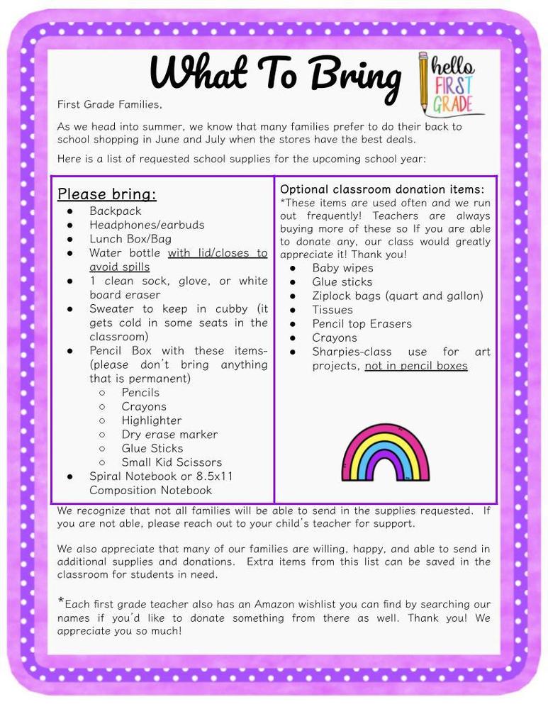 1st Grade Supply List