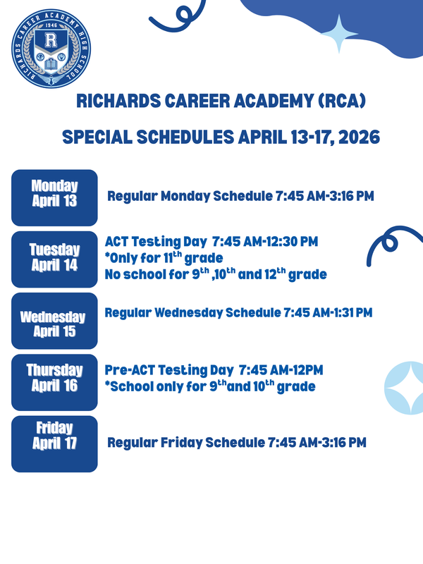 Special Schedules April13-17 / ¡Horario especial para el 13-17 de Abril!