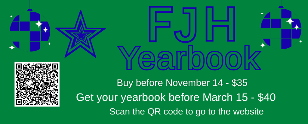 Yearbook promotion with blue stars and disco balls, including QR code for purchase details.