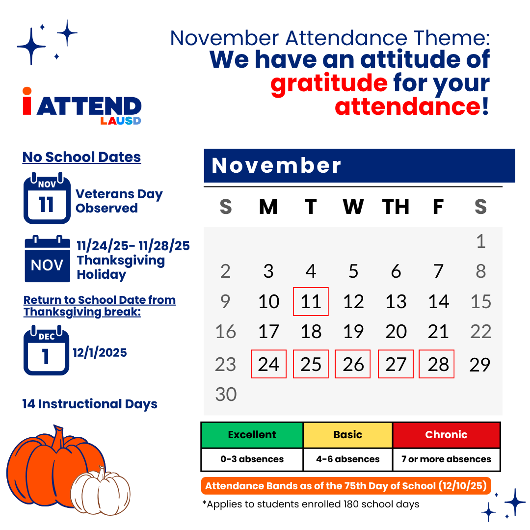 November Calendar Perfect attendace