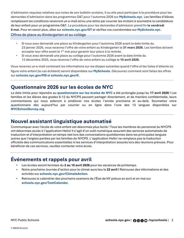 April Family Message 2026. French