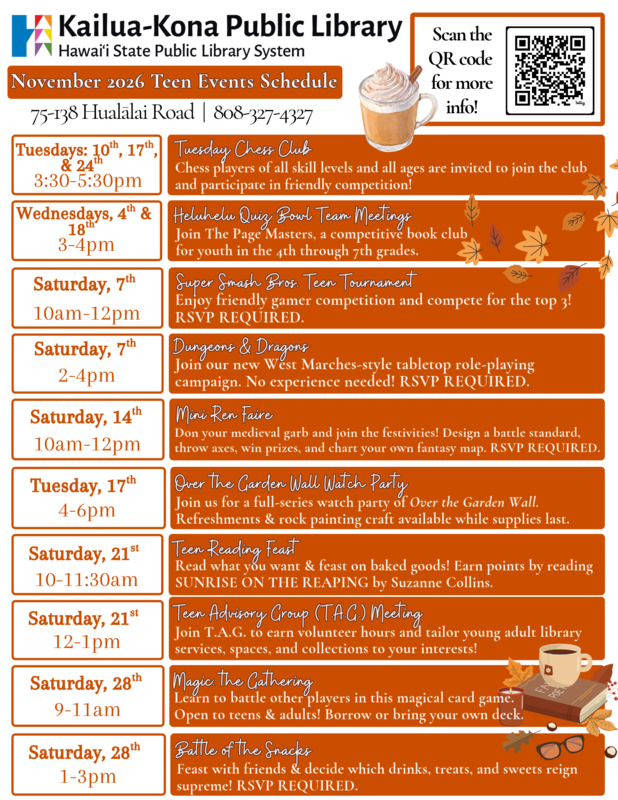 November 2026 Teen Events Schedule for Kailua-Kona Public Library, listing dates, times, and descriptions for 10 library events throughout the month.