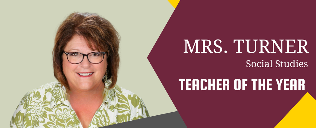 A smiling woman with glasses, labeled as Teacher of the Year.