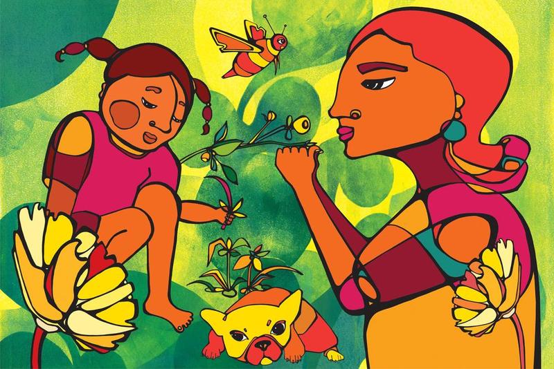 illustration of mom with daughter in garden