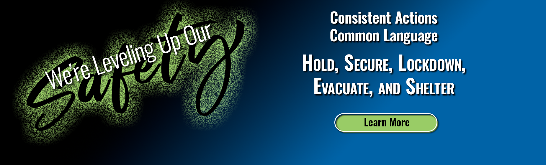 Text promoting safety measures with phrases in a gradient design and a blue background.