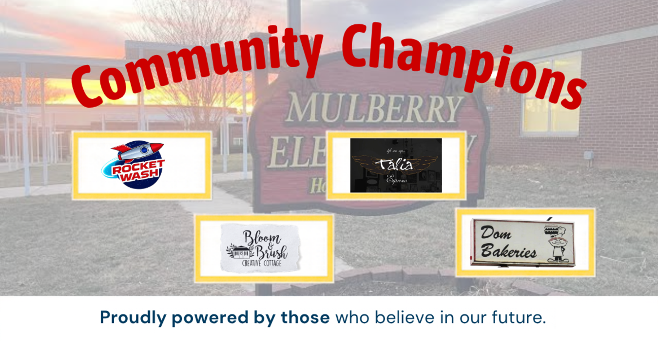 Sign celebrating community champions with logos from local businesses.