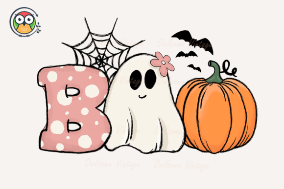 A ghost with a flower next to a polka-dot 'B', a pumpkin, bats, and a spider web.