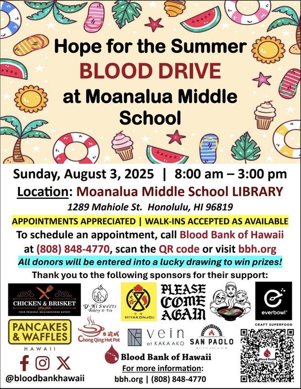 Hope for the Summer Blood Drive at Moanalua Middle School Featured Photo