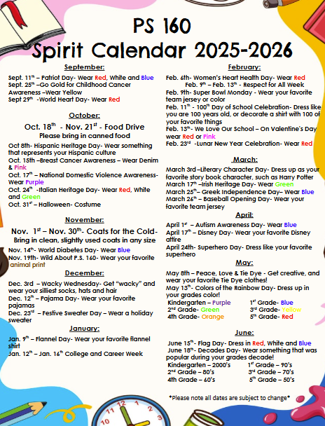 PS 160 Spirit Calendar 25-26
