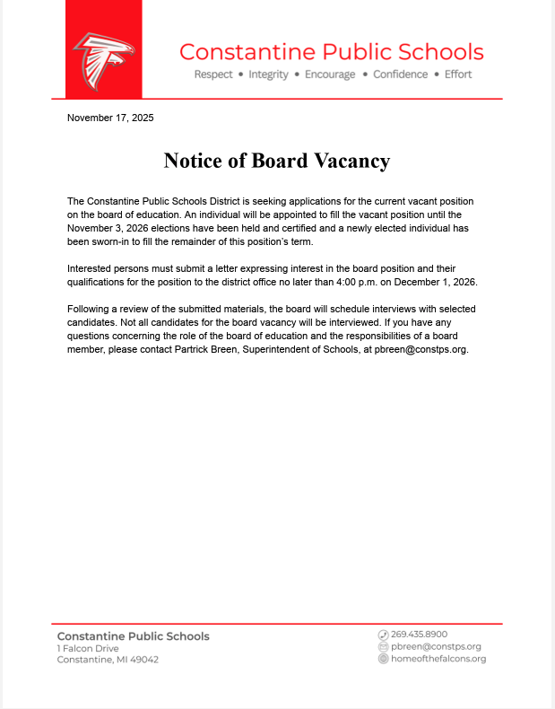 Notice of Vacancy Letter
