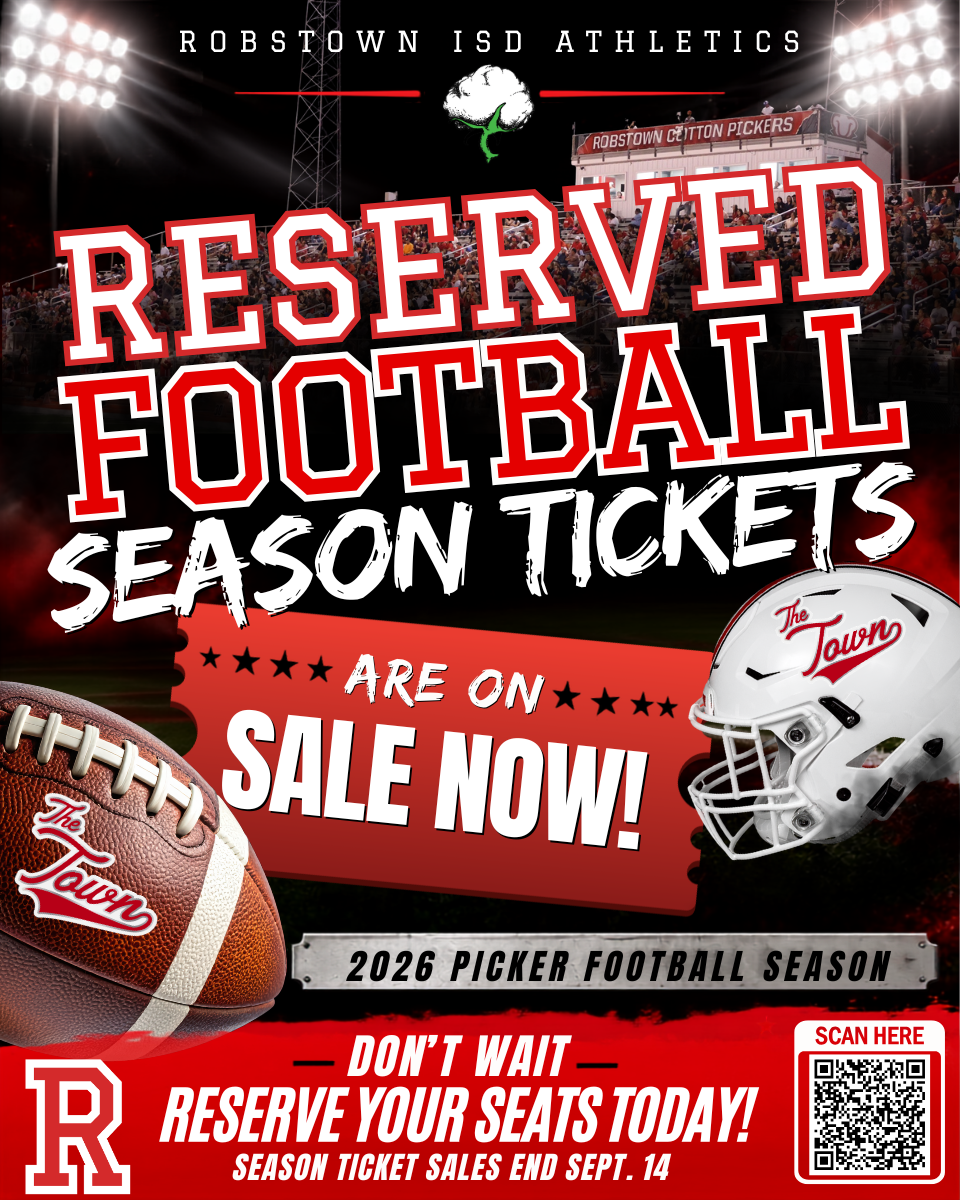 Graphic promoting reserved football season tickets for Robstown ISD athletics.