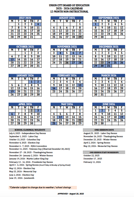 2025-2026 School Calendar (12 Month Non-Instructional)