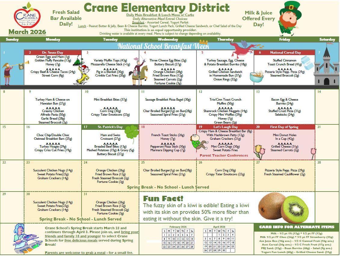 Crane Schools March 2026 Menu