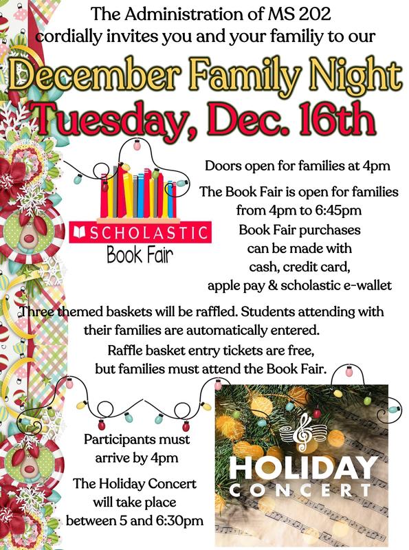 Flyer with details of Family night, book fair and holiday concert.