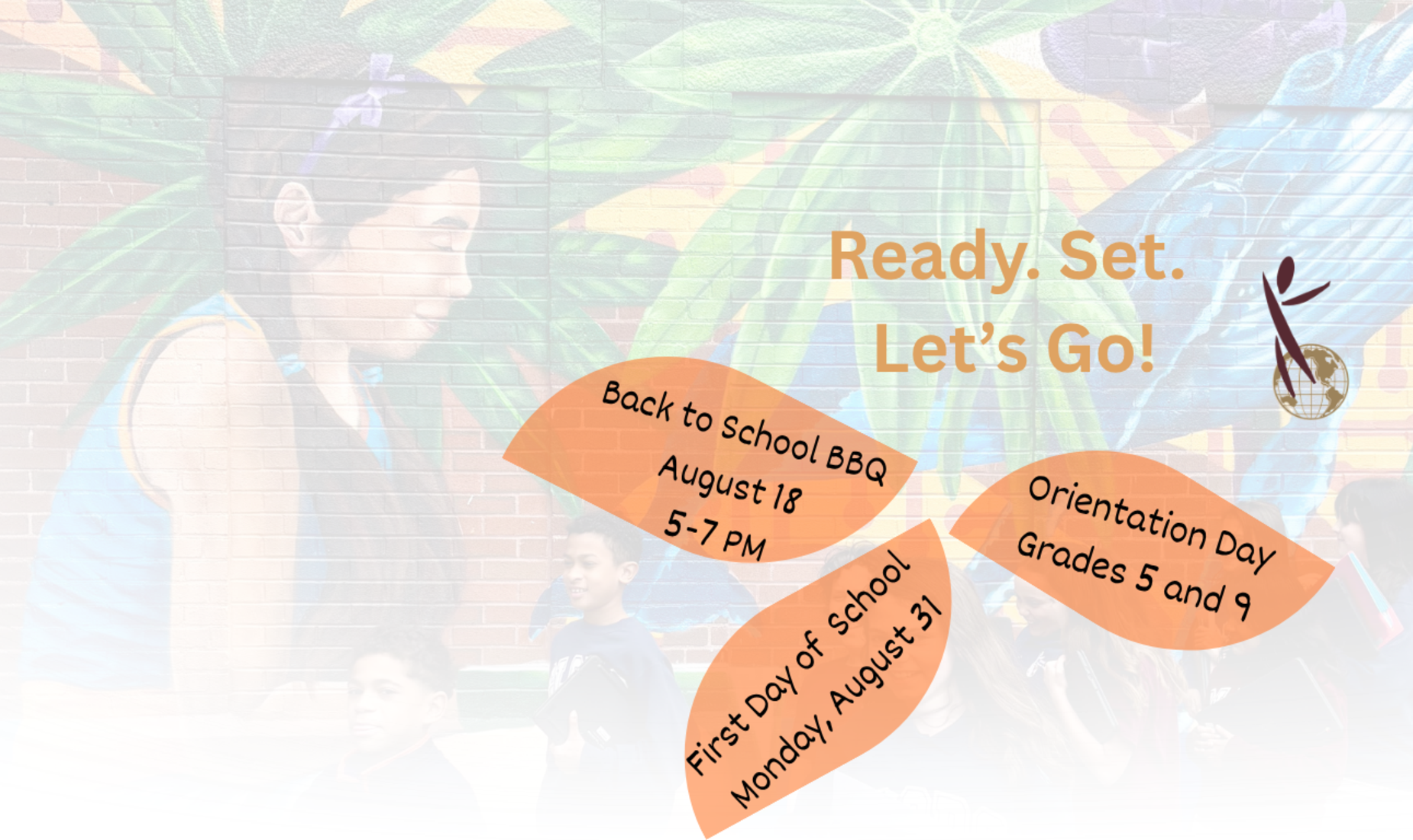 Text promoting school events with colorful background and students in view.