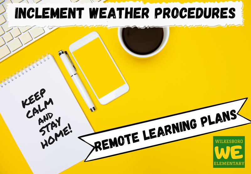 Yellow workspace with a notepad, phone, coffee cup, and text on weather procedures.