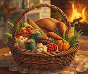 Wicker basket filled with fall themed foods