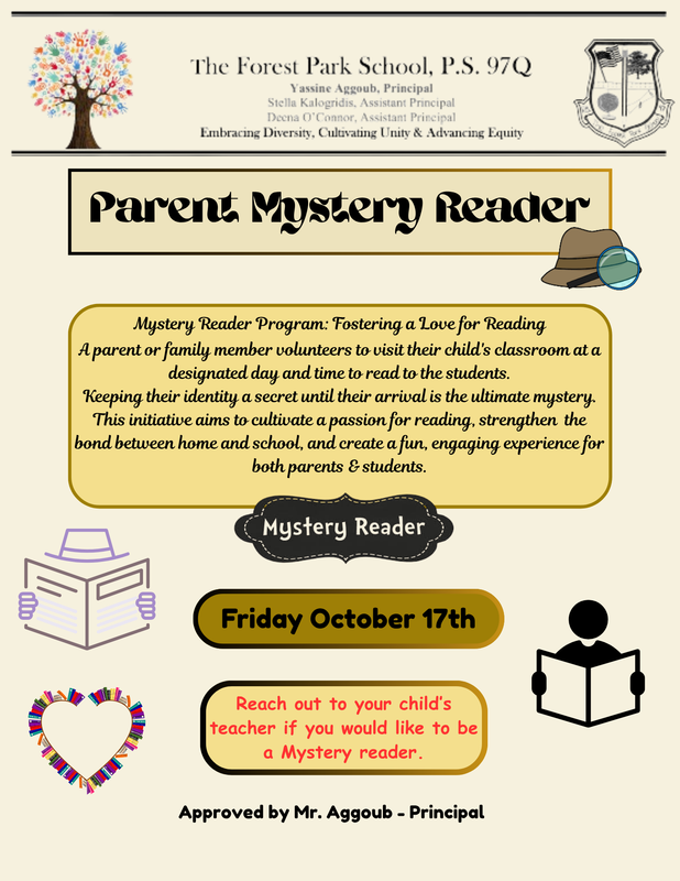 Parent Mystery Reader flyer for october with date and time