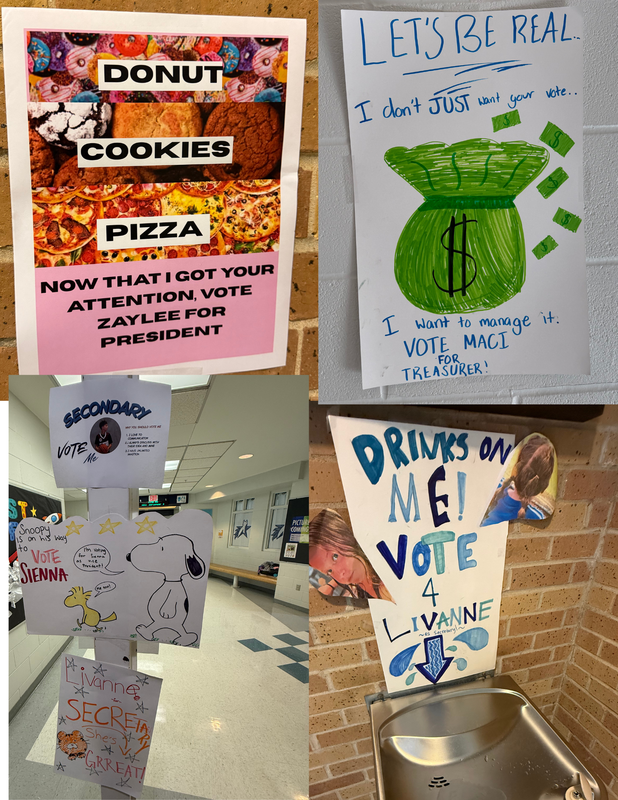 Additional vibrant posters featuring candidates and snacks for school elections.