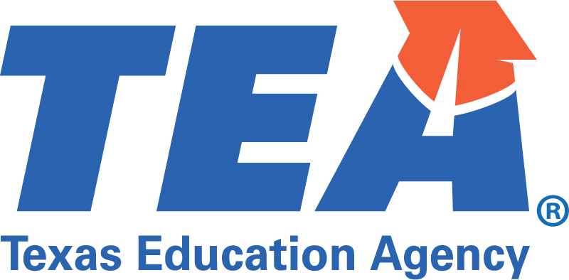 Texas Education Agency logo with blue text and red arrow.