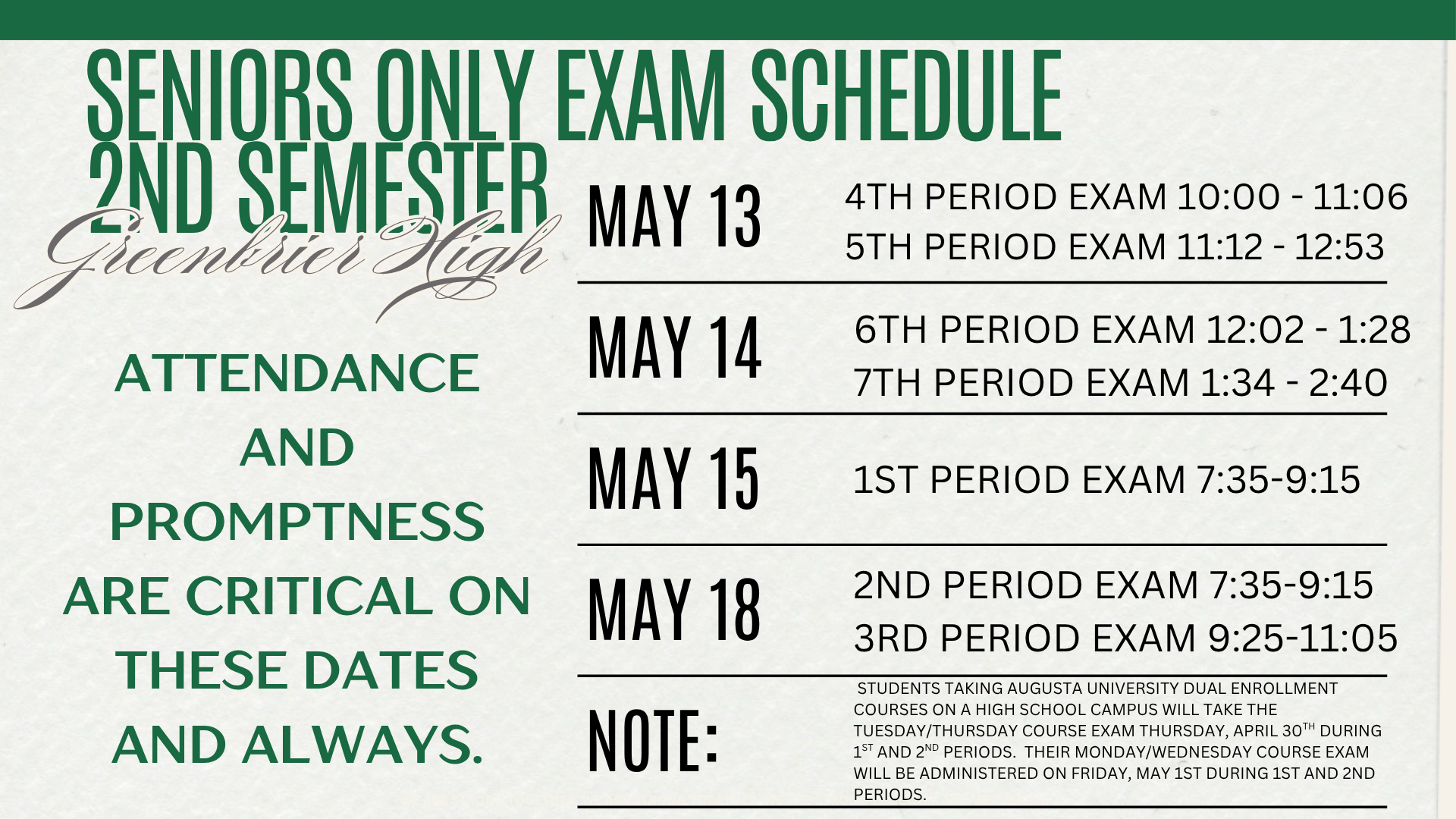 Exam Schedule for Seniors