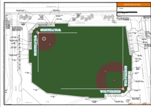 A rendered drawing of a combined baseball and softball field complex
