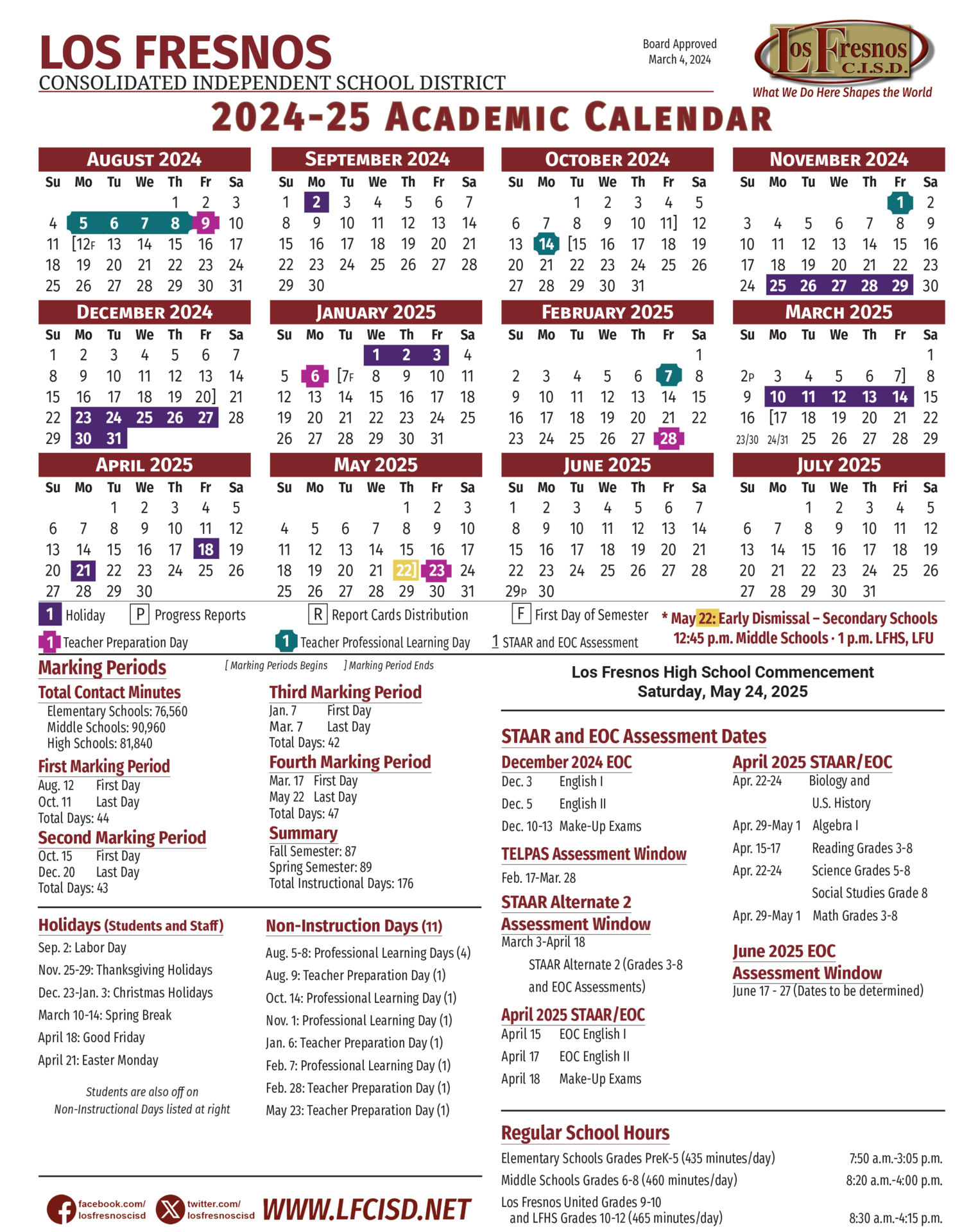 2024-25 Academic Calendar – School Information – Los Fresnos Consolidated  Independent School District