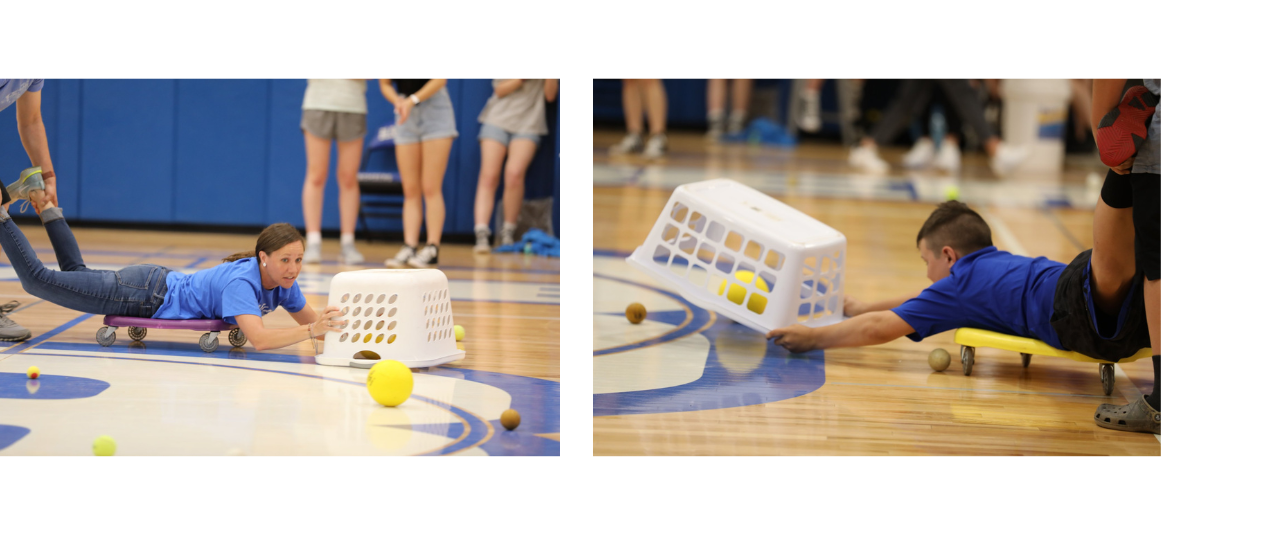 students and teachers on scooters trying to capture balls